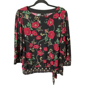 Rafaella Women's Large Top Black/Red Floral 3/4 Sleeve Side Tie